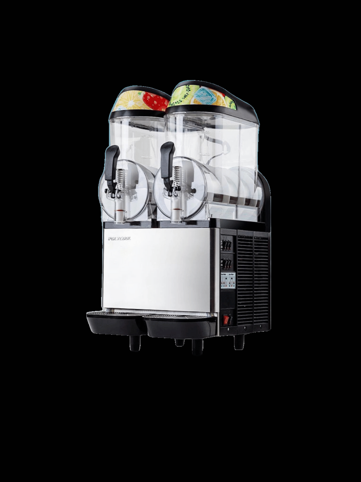 A slush machine with two tanks on a black background.