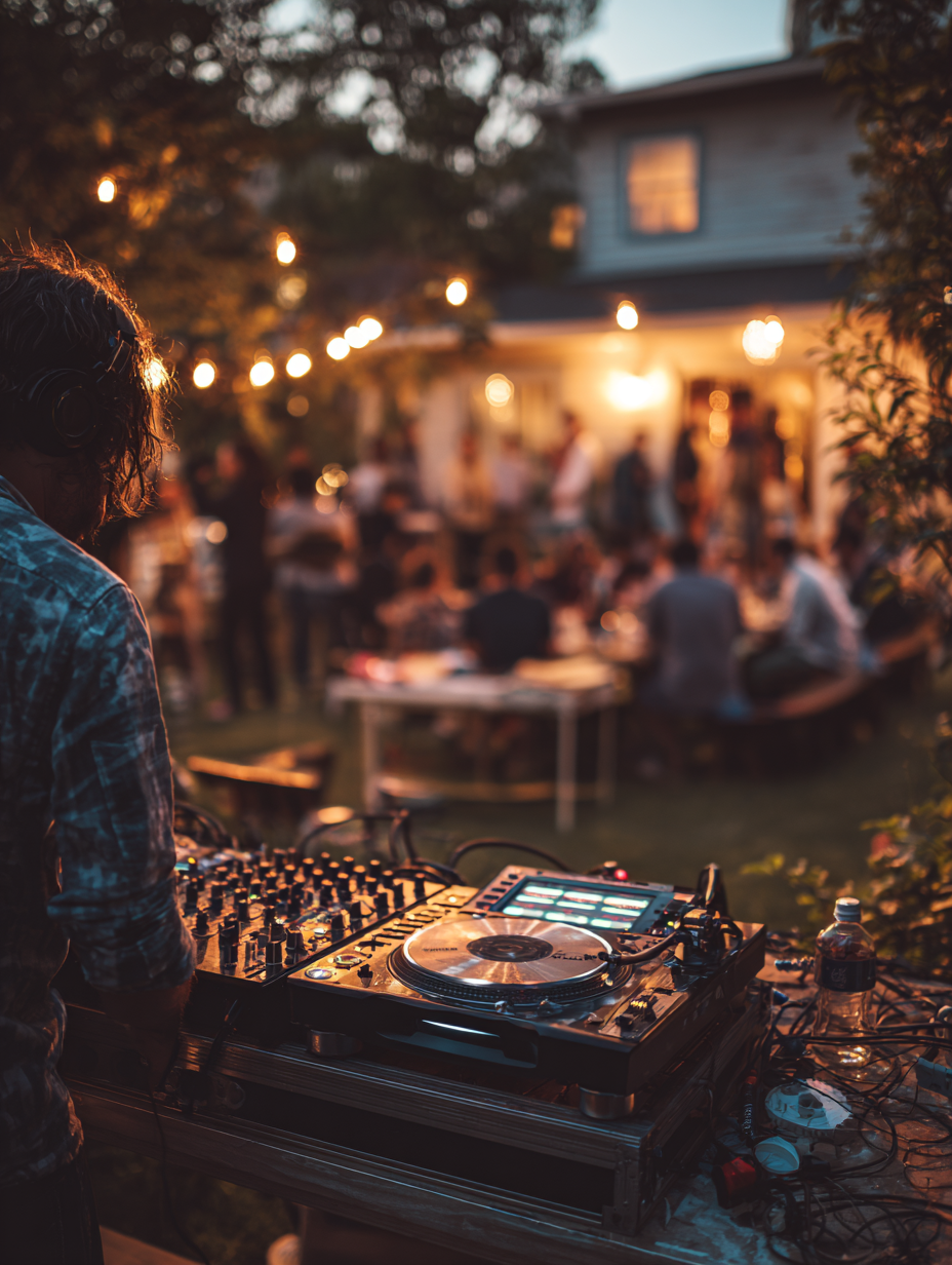DJ playing music at an outdoor party with string lights; people gathered near a house in Wauchope
