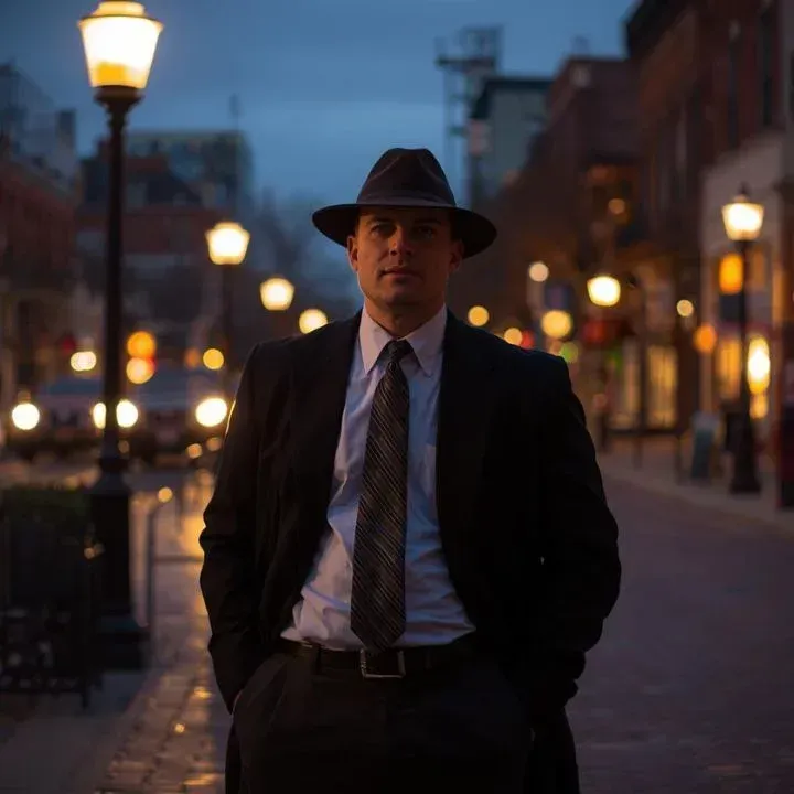 Man in a fedora and suit stands on a city street at night, hands in pockets.