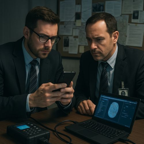 Two men in suits examine evidence on a phone and laptop in a dimly lit office. Mobile Forensics In Gallatin TN