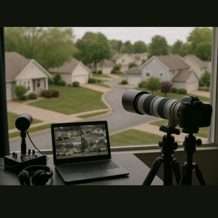 Laptop displaying security footage, camera on tripod pointed out window at suburban homes. Private Investigator Hendersonville TN