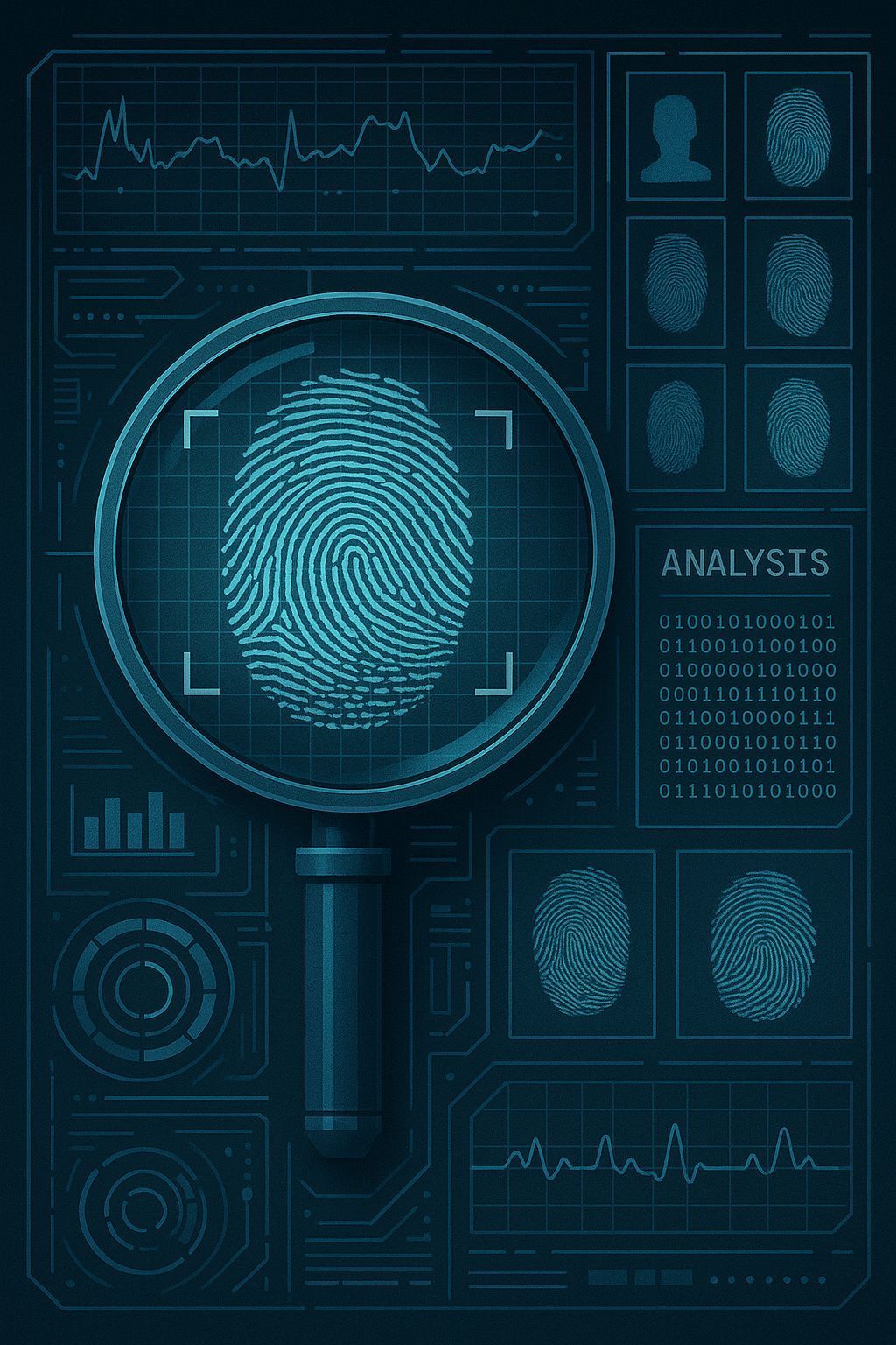 Digital forensic analysis of a fingerprint under a magnifying glass, surrounded by data charts and other fingerprints in a blue, pixelated interface. Private Investigator Clarksville TN