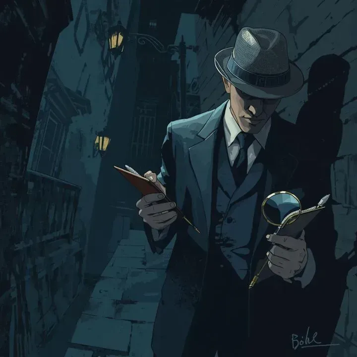 Detective in fedora, suit, alley, writing on pad with magnifying glass, night, lamplight.