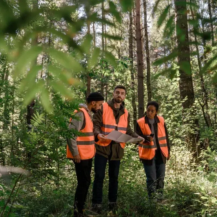 Three people in orange vests examining a map in a forest.
