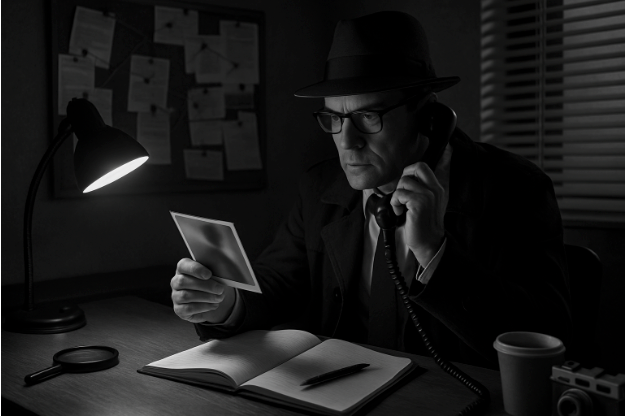 Detective in a dimly lit office, wearing a hat and glasses, looking at a photo while on the phone.