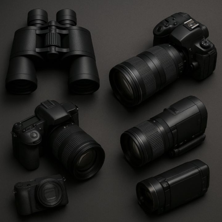 Black binoculars, digital cameras, and a video camera arranged on a dark gray surface. Spring Hill Private Investigator