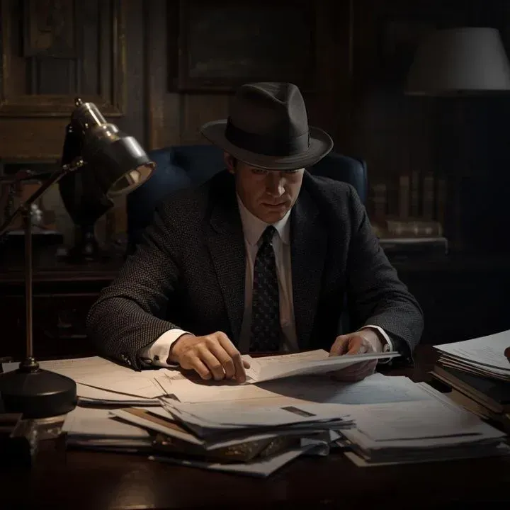 Man in fedora and suit reviewing documents at a desk, lamp lit, indoors.