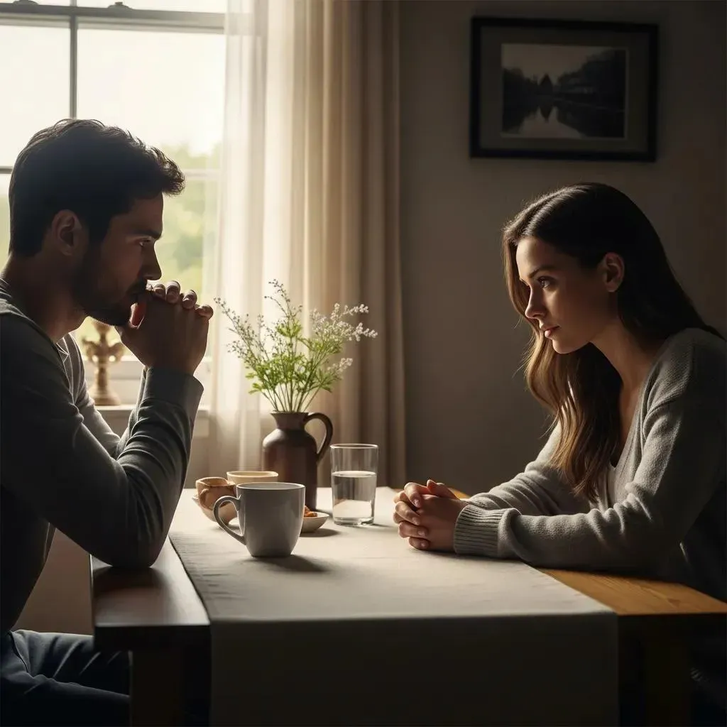 Couple in a cozy setting reflecting on relationship complexities