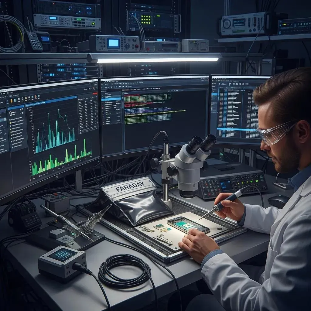 Forensic analyst extracting data from a mobile device in a high-tech lab