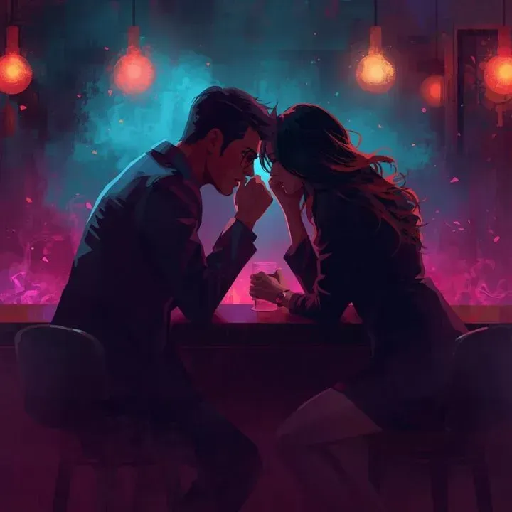 Couple in a dimly lit bar, leaning toward each other. Pink and blue neon lights glow.