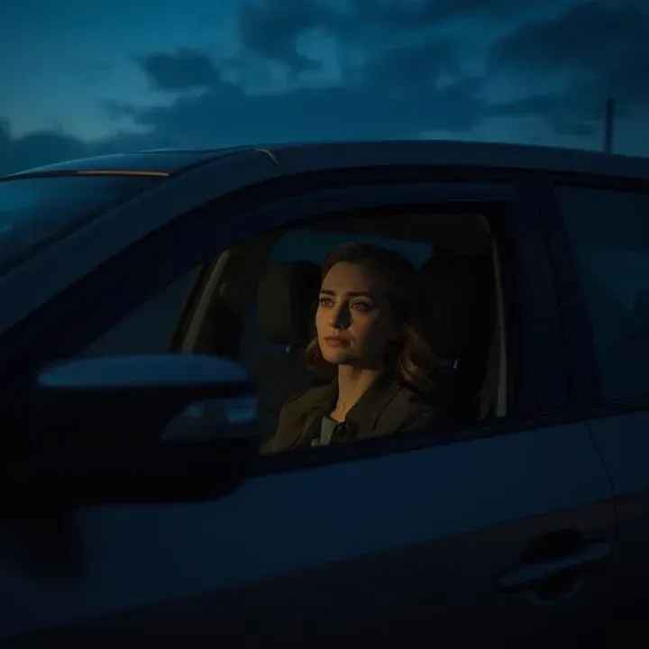 Woman sitting alone in car contemplating hiring private investigator for cheating spouse in Nashville TN
