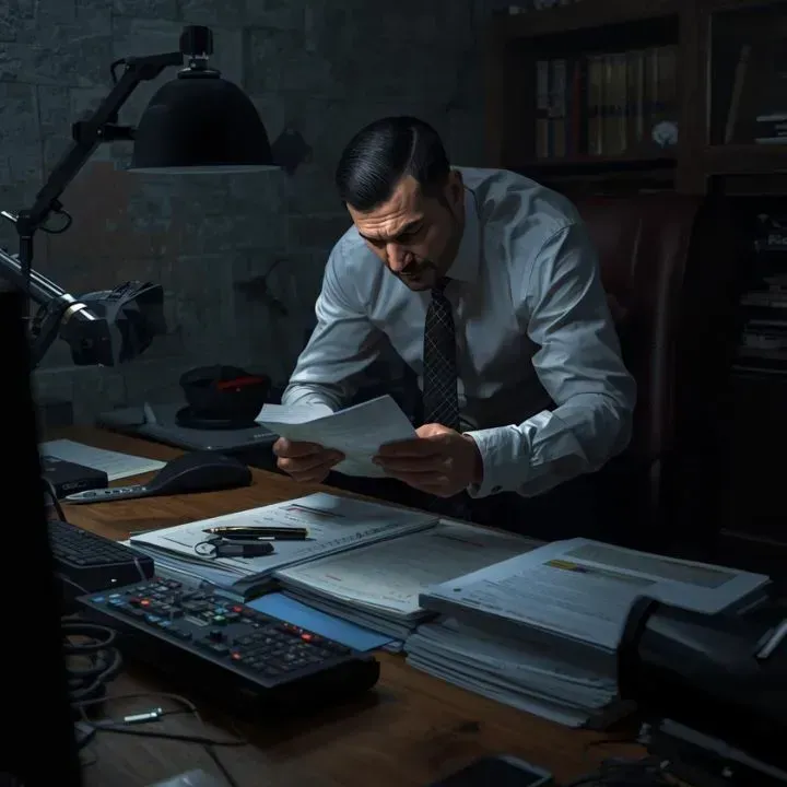 Man in shirt and tie reading papers at a desk under a desk lamp in a dimly lit office.