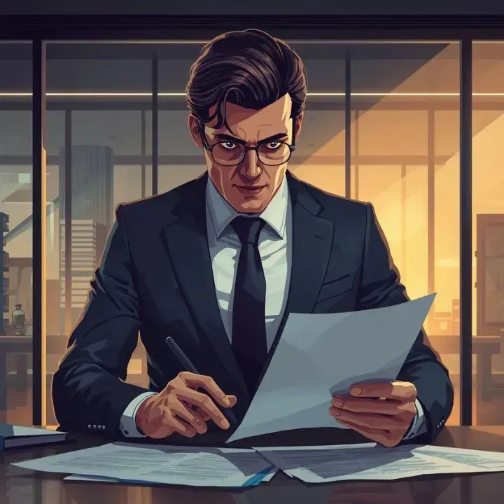 Man in suit, glasses, reviewing documents in office, focused expression.