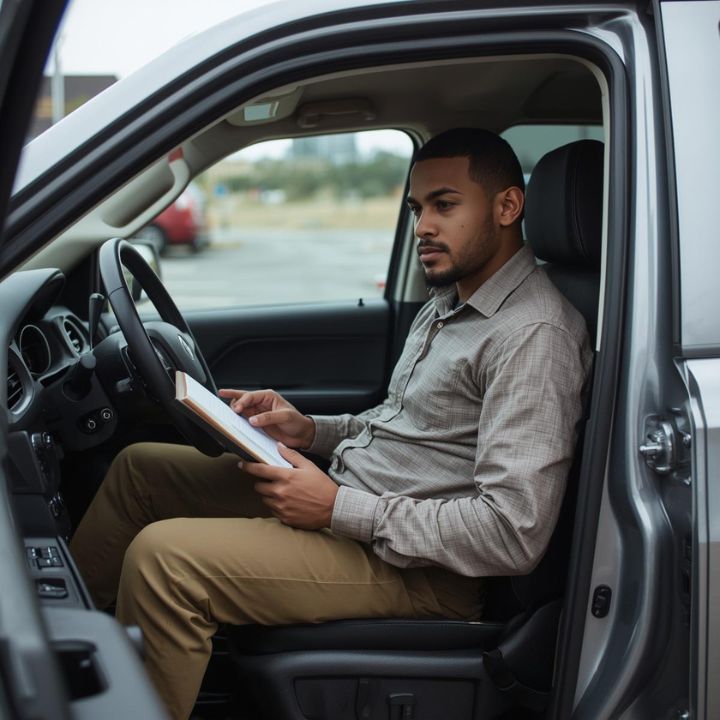 Man in car using a tablet, seated behind the wheel with the door open.