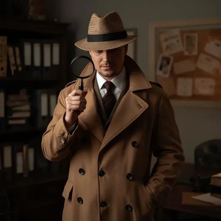 Man in a tan trench coat and fedora, holding a magnifying glass, in a detective's office.