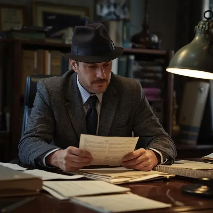 Man in fedora and suit studies documents at a desk, lit by a lamp, in a library.