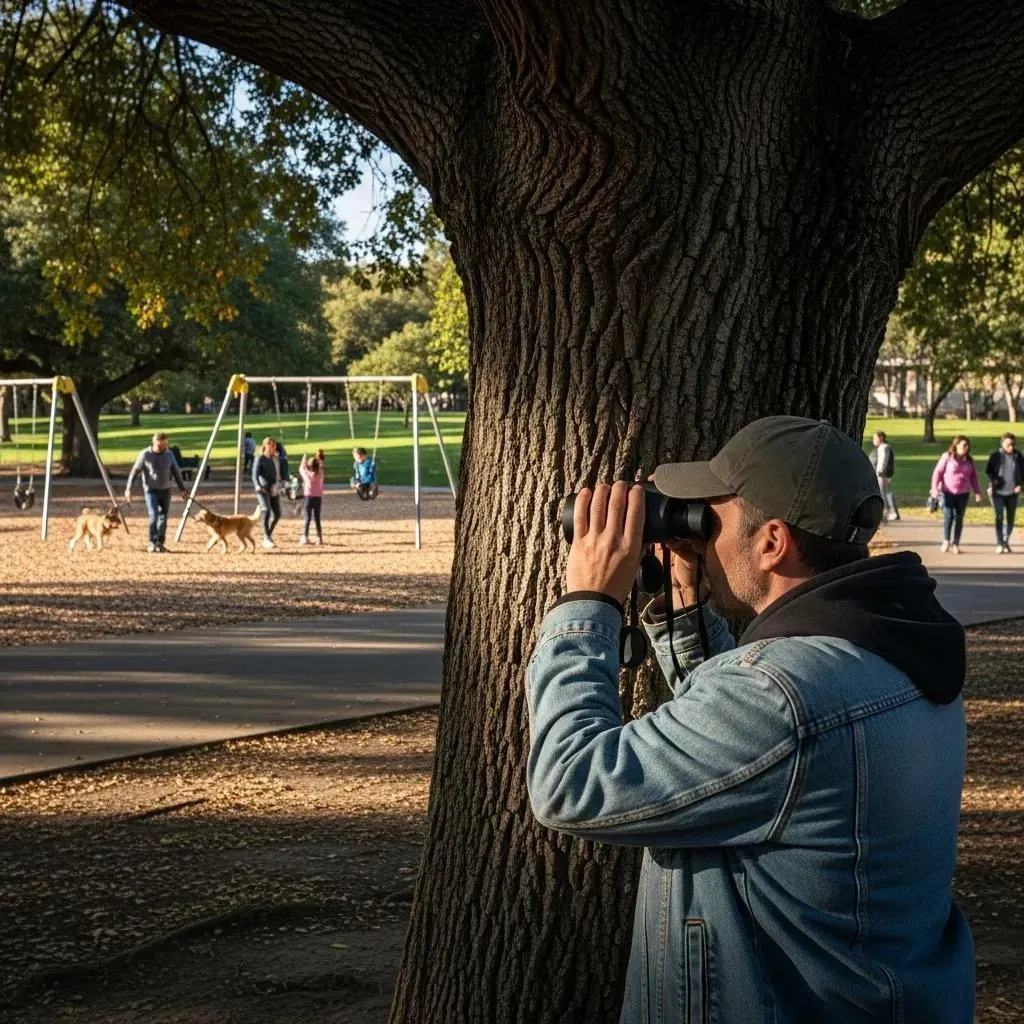 Private investigator conducting surveillance in a public park
