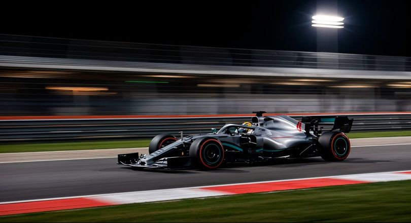 Un'auto da corsa di Formula 1 sfreccia su una pista illuminata di notte, con effetto mosso e cordoli rossi e bianchi.