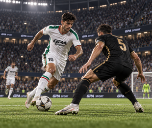 Un calciatore in maglia bianca dribbla un difensore in maglia nera durante una partita notturna in uno stadio gremito.