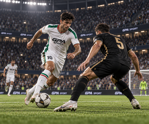 Un calciatore in maglia bianca dribbla un difensore in maglia nera durante una partita notturna in uno stadio gremito.