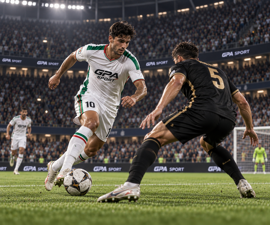 Un calciatore in maglia bianca dribbla un difensore in maglia nera durante una partita notturna in uno stadio gremito.