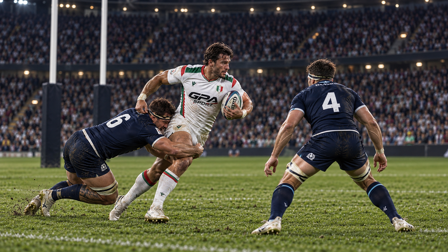 Pallone da rugby sull'erba con le gambe dei giocatori sfocate sullo sfondo.