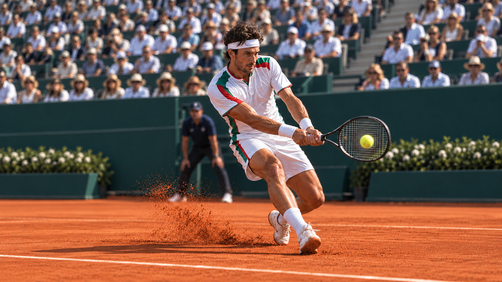 Un tennista in maglia bianca e rossa colpisce la palla con la racchetta su un campo in terra battuta durante una partita.
