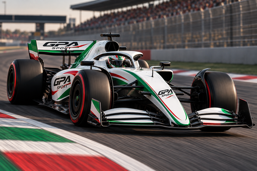 Una monoposto di Formula 1 bianca e verde in corsa su una pista, vicino al cordolo in una curva ad alta velocità.