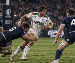Giocatori di rugby in divisa blu scuro placcano un corridore in divisa bianca durante una partita notturna