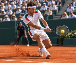 Tennista in maglia bianca e rossa che esegue un rovescio basso su un campo in terra battuta durante una partita.