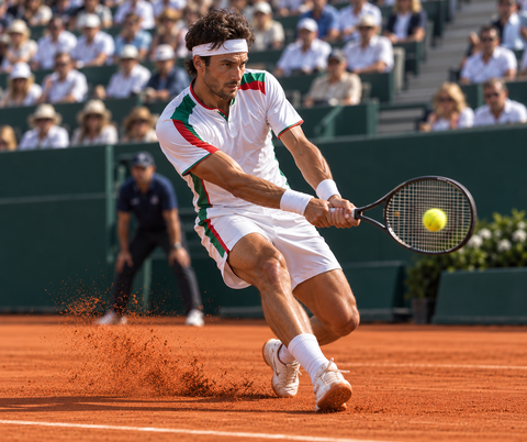 Una tennista in maglia bianca e verde scivola sulla terra battuta, eseguendo un dritto basso durante una partita.