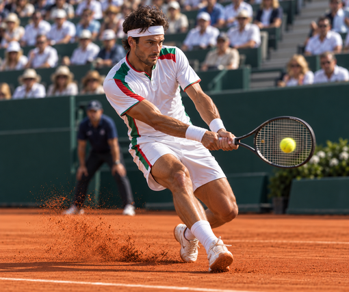 Tennista in maglia bianca e rossa che esegue un rovescio basso su un campo in terra battuta durante una partita.