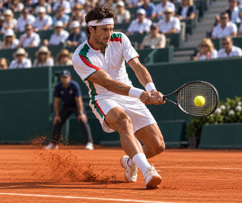 Un tennista in divisa bianca e rossa esegue un dritto su un campo in terra battuta durante una partita.