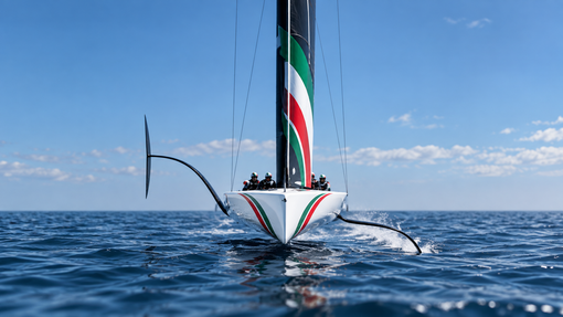 Una barca a vela che regata sull'oceano blu, con una vela a strisce e un albero che fende le onde sotto un cielo limpido.