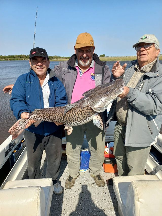 Tres personas en un bote sosteniendo un pez grande en un lago soleado.