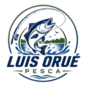 Logo de pesca “LUIZ ORUÉ”, con pez saltando sobre ondas en azul y verde.
