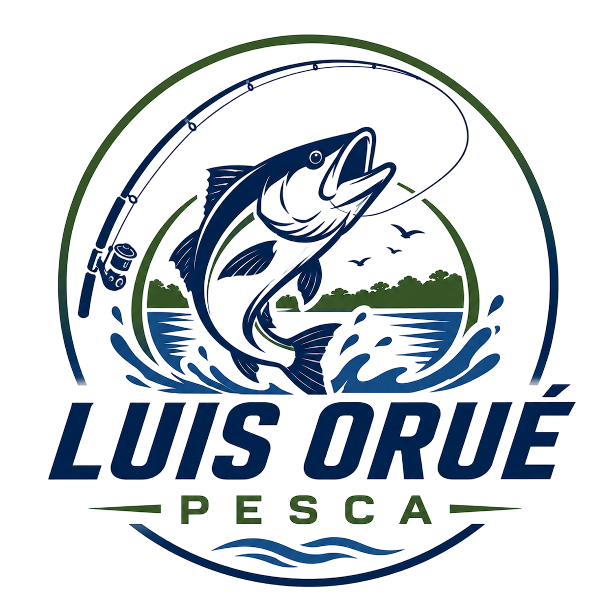 Logo de pesca “LUIZ ORUÉ”, con pez saltando sobre ondas en azul y verde.