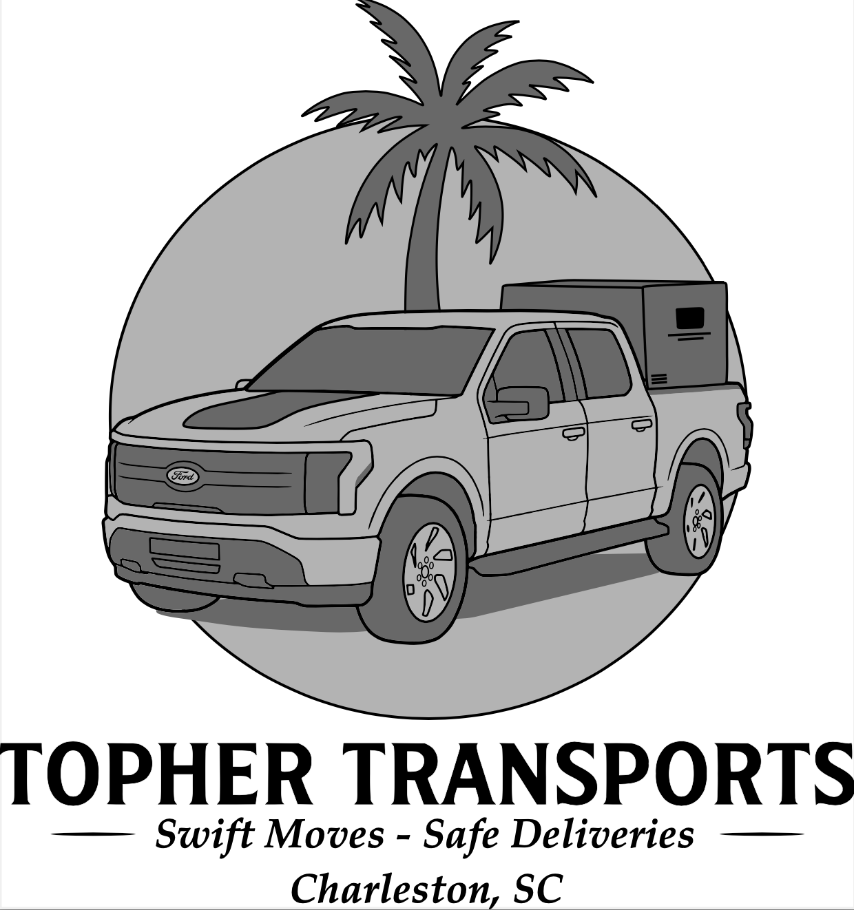 Logo for Tophter Transports with a pickup truck, palm tree, and tagline “Swift Moves - Safe Deliveries”