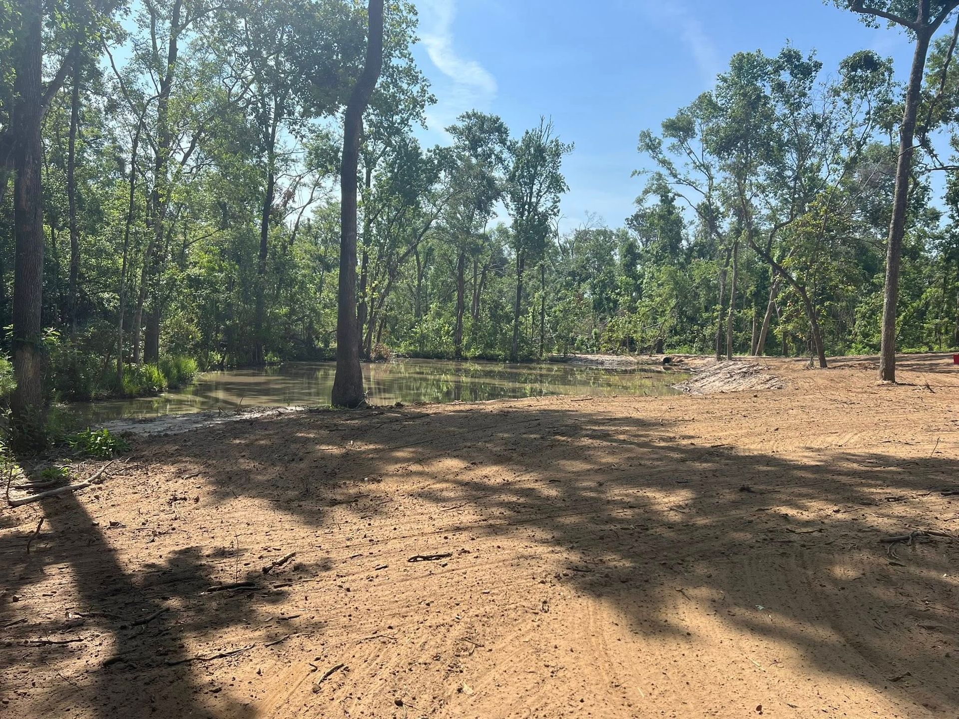 A dirt clearing leads to a small, calm pond surrounded by dense green trees under a bright blue sky.