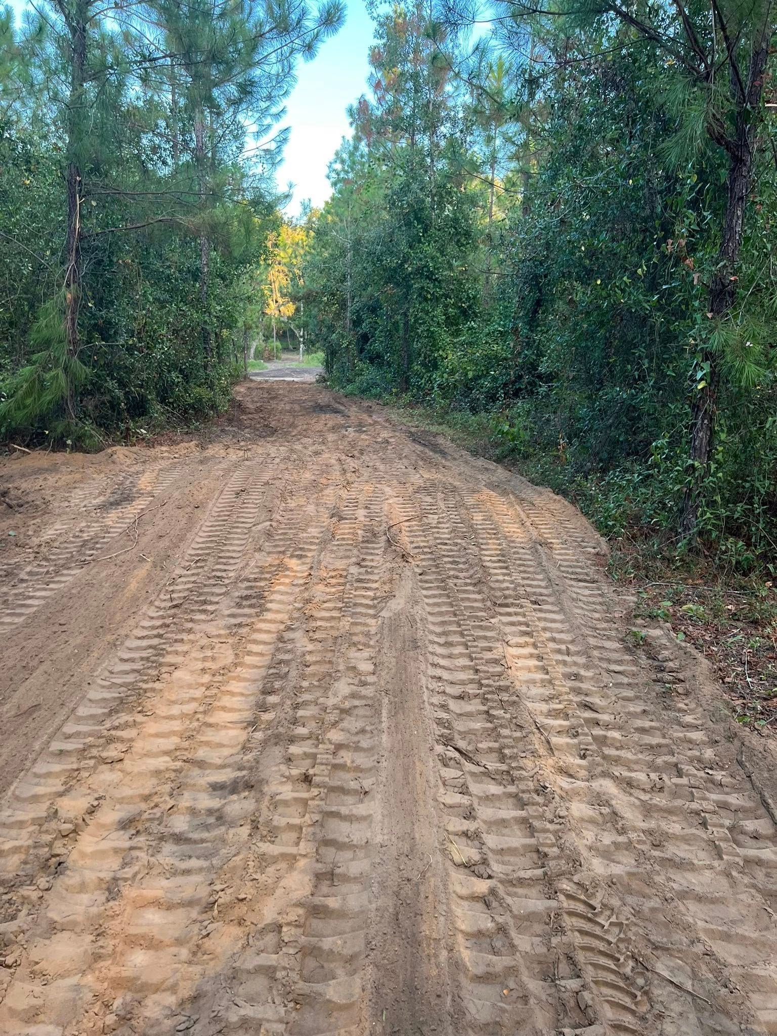 A dirt path runs through a wooded area, featuring prominent, textured tracks from heavy machinery or tires.