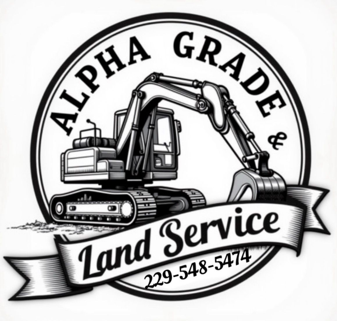 Black and white logo for Alpha Grade & Land Service, featuring an excavator inside a circle with a business phone number.