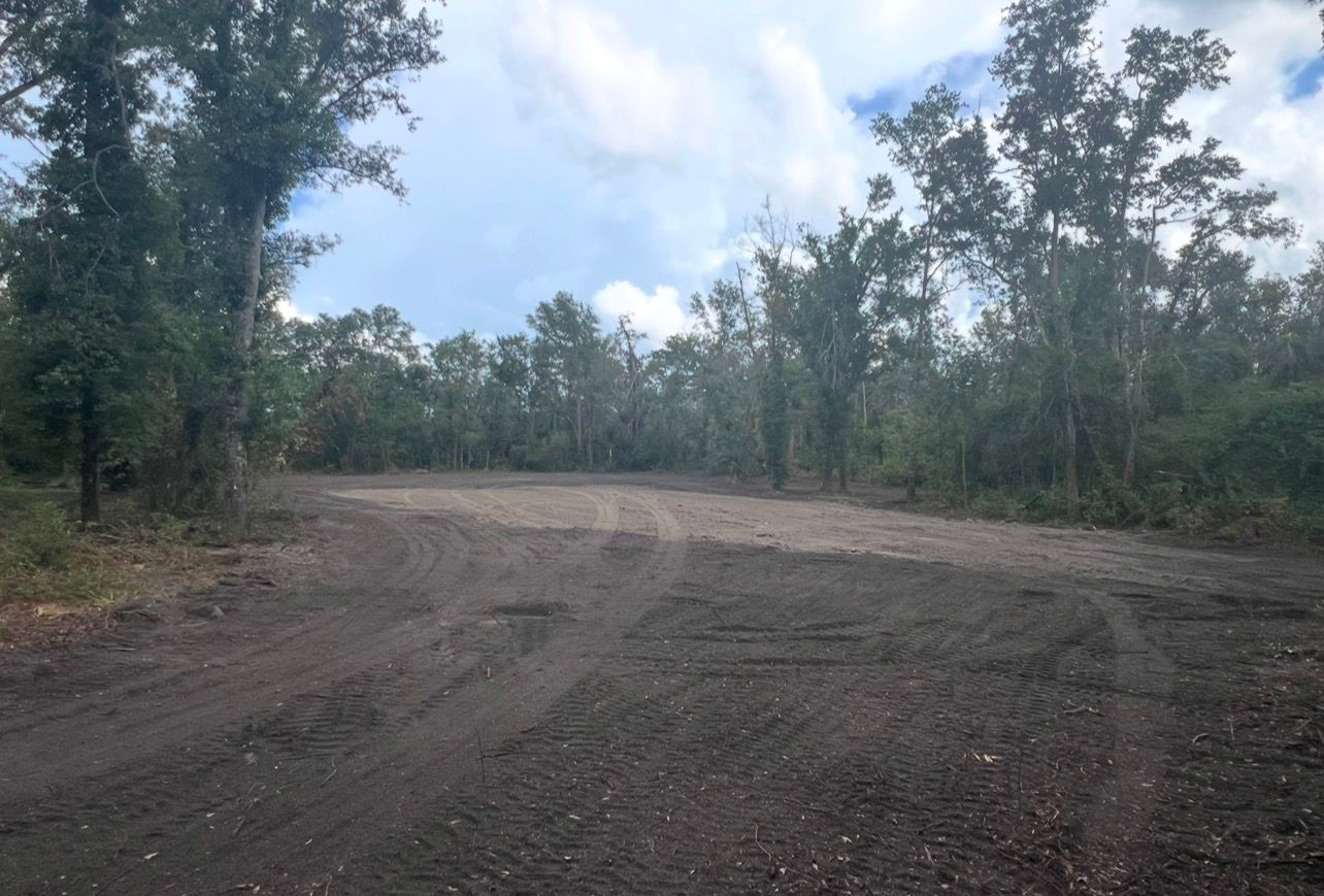 Cleared dirt lot with tire tracks in the foreground, surrounded by a dense forest under a cloudy sky.