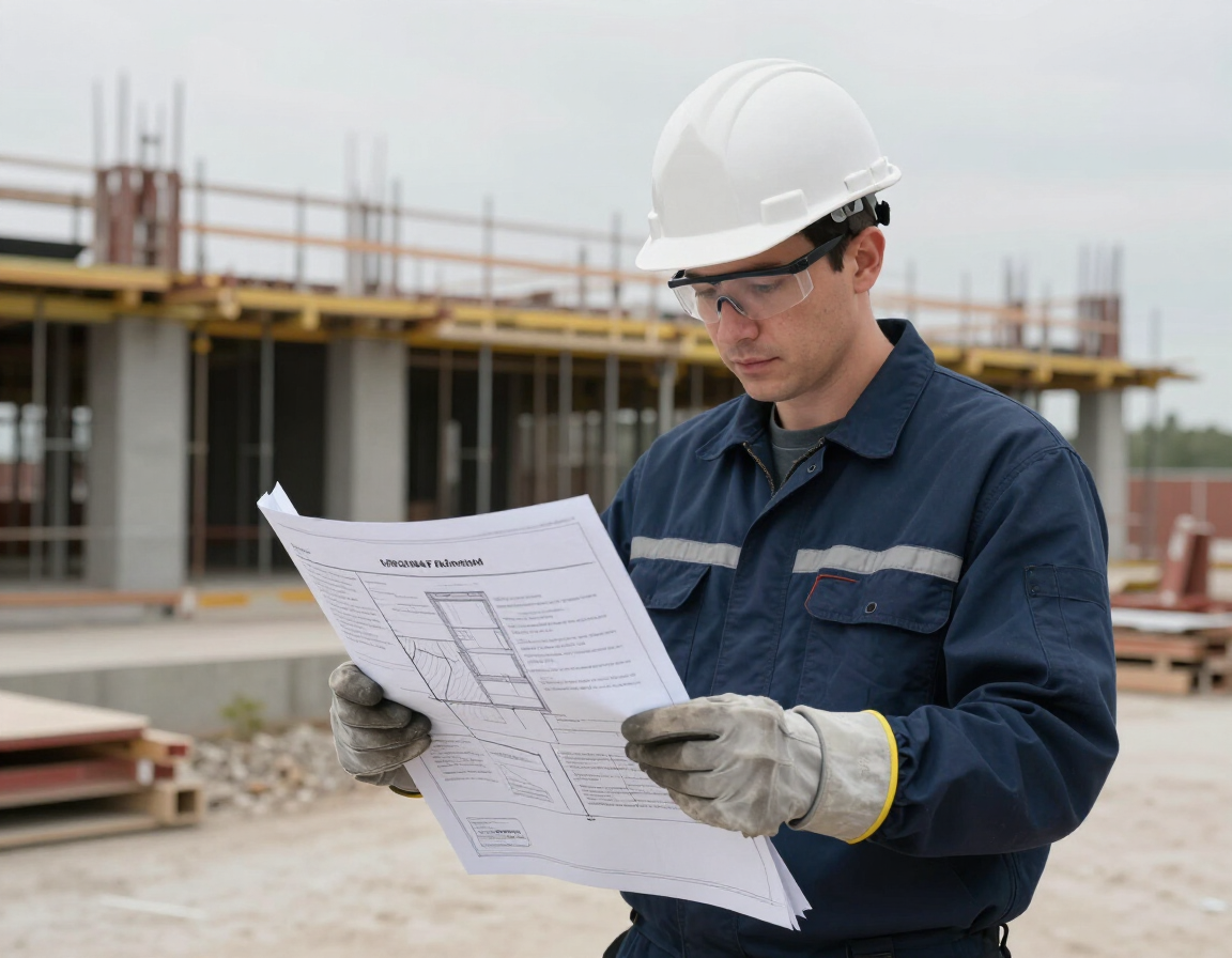 Fire protection technician reviewing permit documents at a commercial construction site
