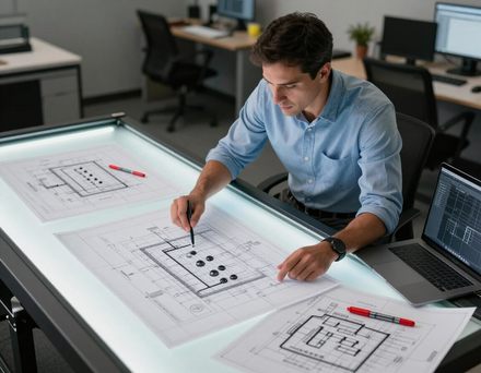 Fire protection engineer reviewing CAD sprinkler layout drawings