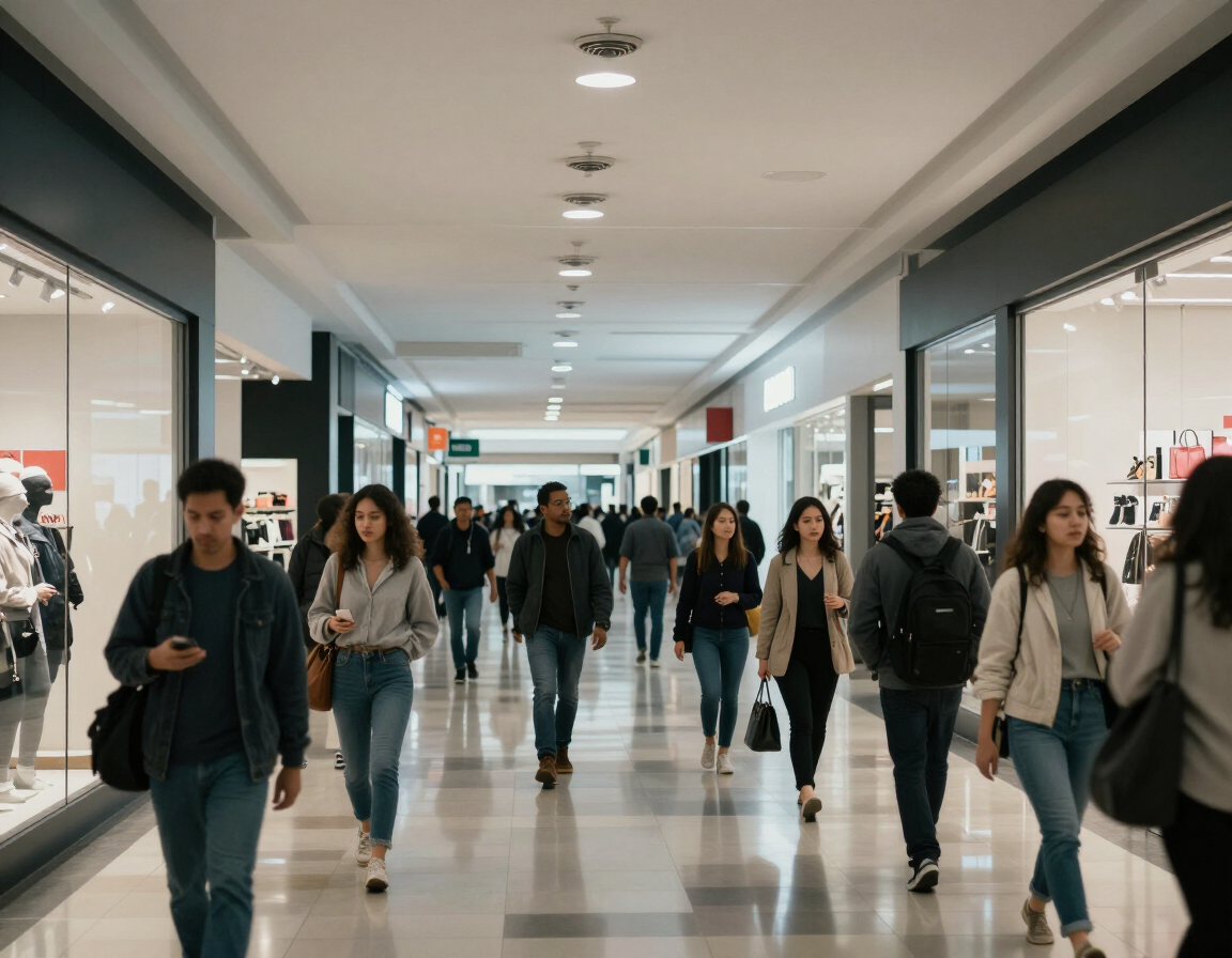 Retail shopping center interior with sprinkler systems