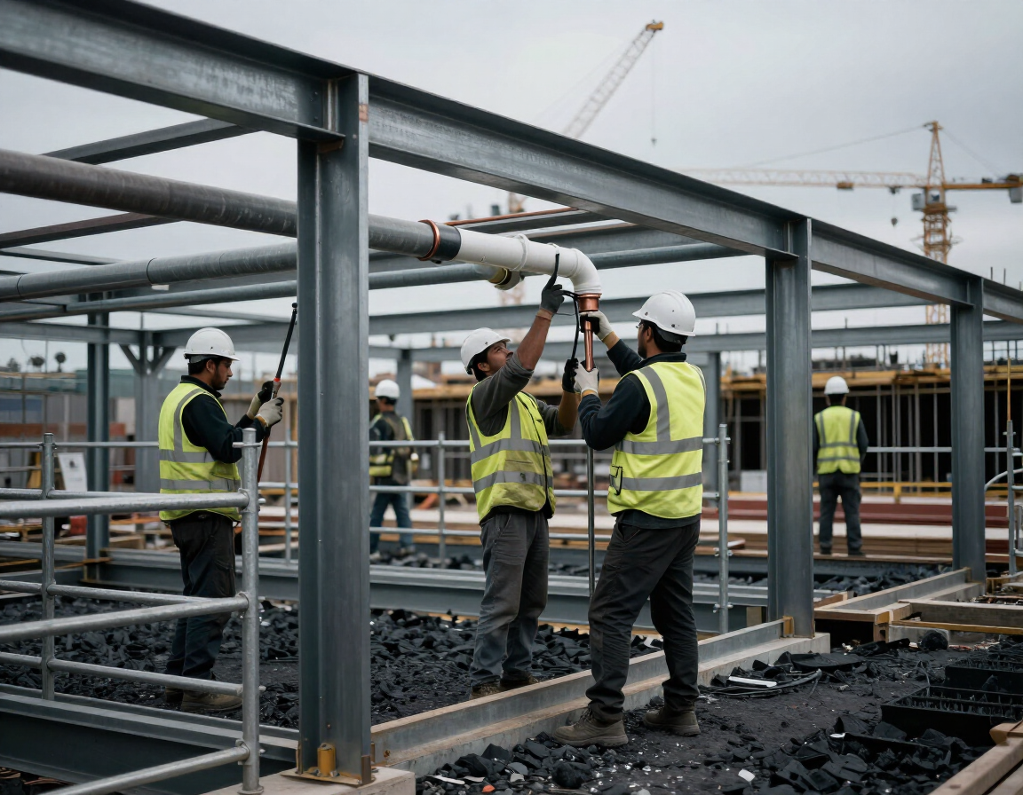 Commercial construction site with fire protection rough-in