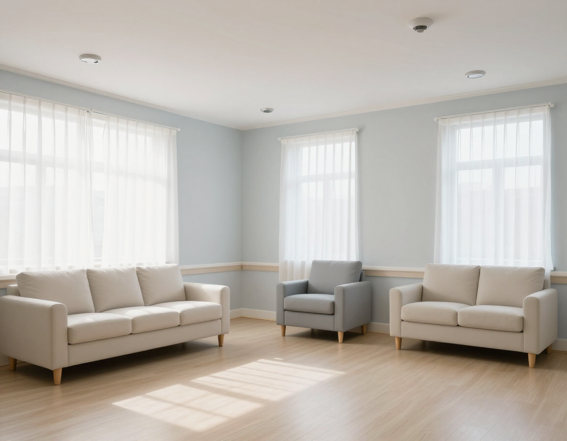 Bright care facility common room with sprinkler systems