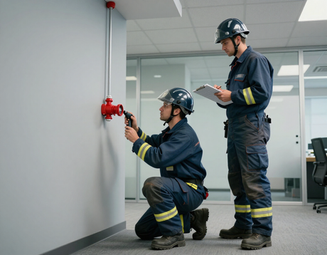 Licensed fire protection technicians inspecting a commercial sprinkler system