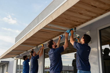 Workers installing a wooden overhang on a modern building exterior