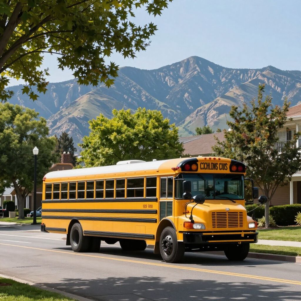 A bright yellow school bus drives down a suburban street with mountains in the background.